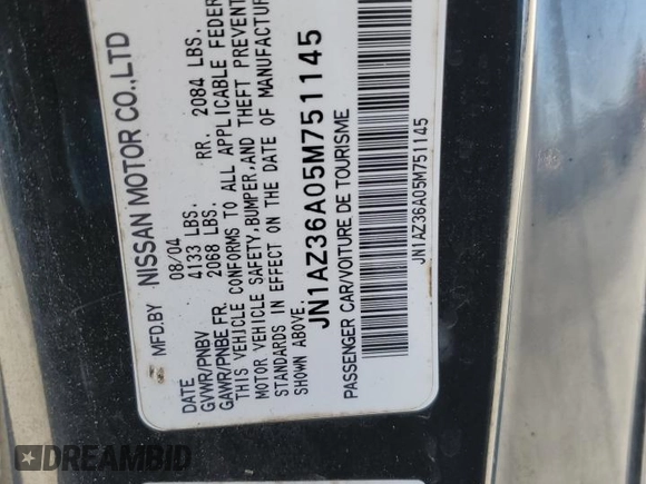 2005 Nissan 350Z Touring with VIN JN1AZ36A05M751145, listed as a Copart auction lot 47348945 with 139,477 mi miles and Salvage title. Bid and sale history available at DreamBid. Image 12.