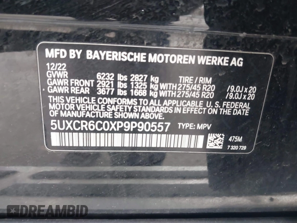 2023 BMW X5 xDrive40i with VIN 5UXCR6C0XP9P90557, listed as a IAAI auction lot 41860825 with 49,737 mi miles. Bid and sale history available at carsss.com. Image 9.