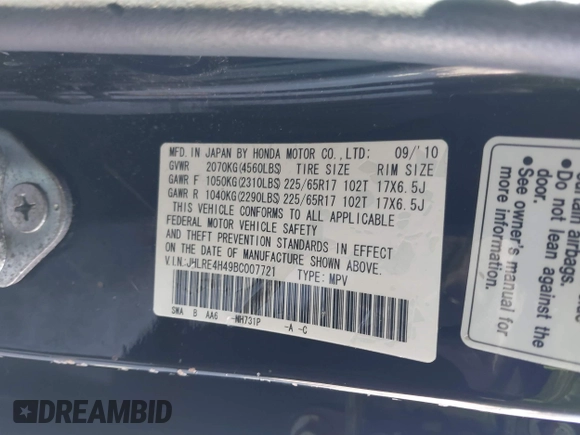2011 Honda CR-V SE with VIN JHLRE4H49BC007721, listed as a IAAI auction lot 41747995 with 95,346 mi miles. Bid and sale history available at carsss.com. Image 9.