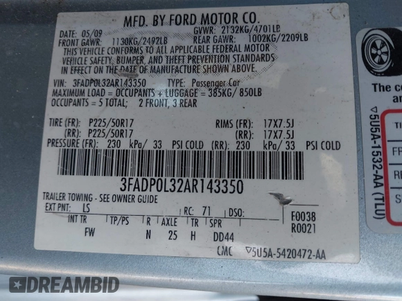 2010 Ford Fusion Hybrid with VIN 3FADP0L32AR143350, listed as a IAAI auction lot 42549839 with 137,466 mi miles and . Bid and sale history available at DreamBid. Image 9.