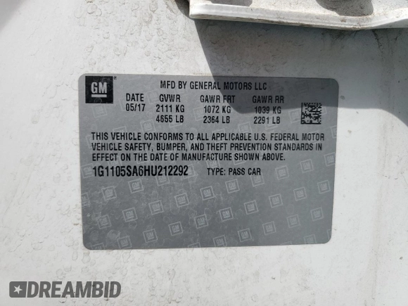 2017 Chevrolet Impala LT with VIN 1G1105SA6HU212292, listed as a Copart auction lot 53299175 with 186,530 mi miles and Salvage Title. Bid and sale history available at DreamBid. Image 12.