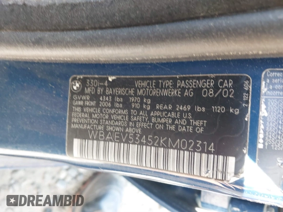 2002 BMW 3 Series 330i with VIN WBAEV53452KM02314, listed as a IAAI auction lot 41704725 with 219,502 mi miles and . Bid and sale history available at DreamBid. Image 9.