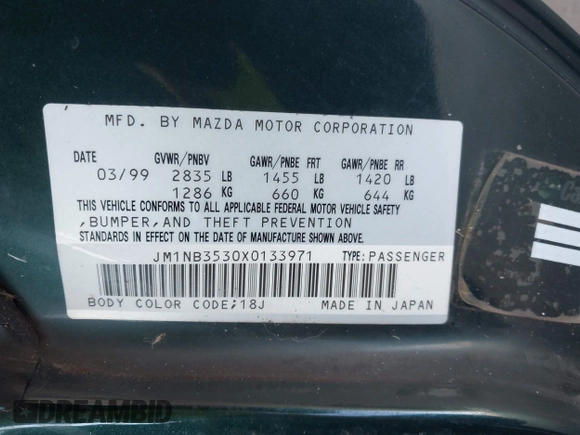 1999 Mazda MX-5 Miata with VIN JM1NB3530X0133971, listed as a IAAI auction lot 42652996 with 19,270 mi miles and . Bid and sale history available at DreamBid. Image 9.