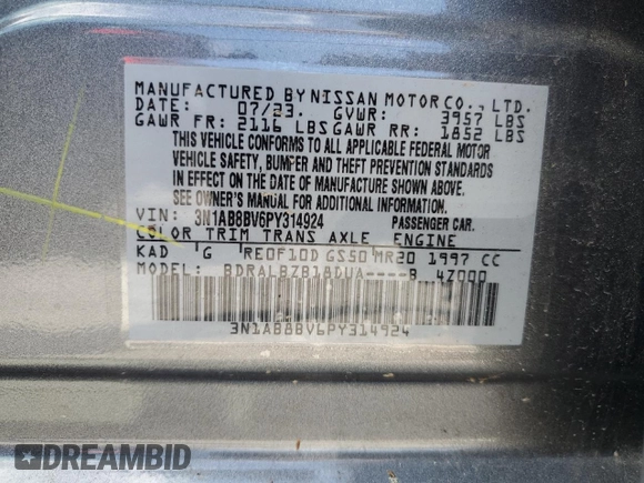 2023 Nissan Sentra S with VIN 3N1AB8BV6PY314924, listed as a Copart auction lot 50393895 with 27,255 mi miles and Salvage Title. Bid and sale history available at DreamBid. Image 12.