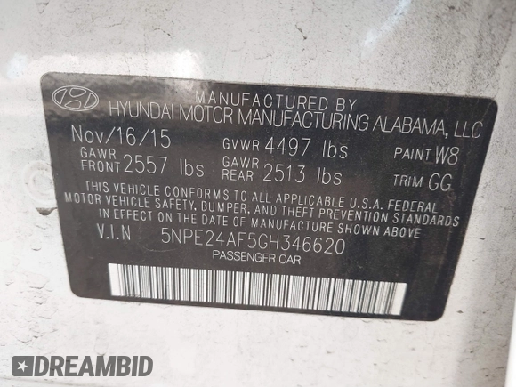 2016 Hyundai Sonata SE with VIN 5NPE24AF5GH346620, listed as a IAAI auction lot 41857993 with 90,617 mi miles and . Bid and sale history available at DreamBid. Image 9.