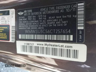 2012 MINI Hardtop with VIN WMWSU3C56CT257654, listed as a IAAI auction lot 42099156 with 84,384 mi miles and . Bid and sale history available at DreamBid. Image 9.