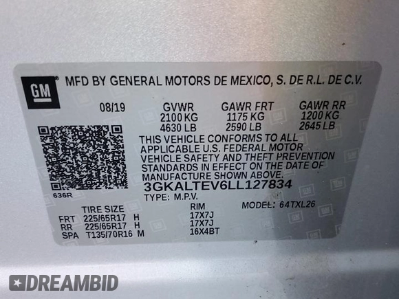 2020 GMC Terrain SLE with VIN 3GKALTEV6LL127834, listed as a Copart auction lot 48870615 with 67,860 mi miles and Salvage Title. Bid and sale history available at DreamBid. Image 13.