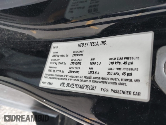 2019 Tesla Model 3 Mid Range z VIN 5YJ3E1EA4KF361967, wystawiony jako IAAI lot #42261724 z przebiegiem 89 902 mil mil oraz . Historia ofert i sprzedaży dostępna na DreamBid. Obrazek 9.
