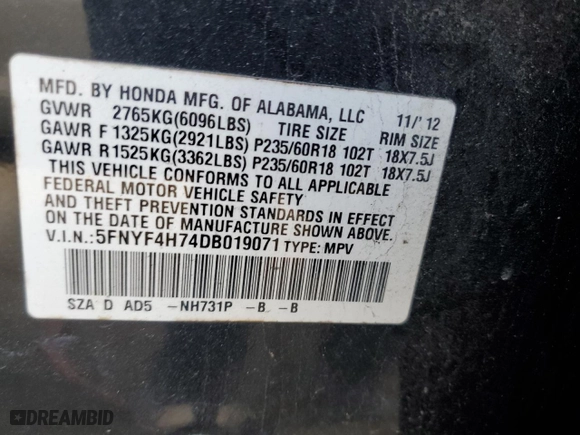 2013 Honda Pilot EX-L with VIN 5FNYF4H74DB019071, listed as a Copart auction lot 52166455 with 0 mi miles and Salvage Title. Bid and sale history available at carsss.com. Image 13.