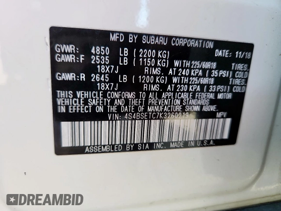 2019 Subaru Outback Touring with VIN 4S4BSETC7K3260219, listed as a Copart auction lot 54439585 with 96,079 mi miles and Salvage title. Bid and sale history available at DreamBid. Image 14.
