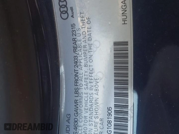 2016 Audi A3 2.0T Premium Plus with VIN WAU38LFF3G1081905, listed as a Copart auction lot 71892922 with 52,506 mi miles. Bid and sale history available at carsss.com. Image 12.