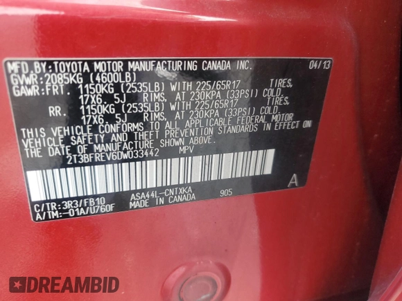 2013 Toyota RAV4 LE with VIN 2T3BFREV6DW033442, listed as a Copart auction lot 62809045 with Not provided miles and Salvage title. Bid and sale history available at DreamBid. Image 12.