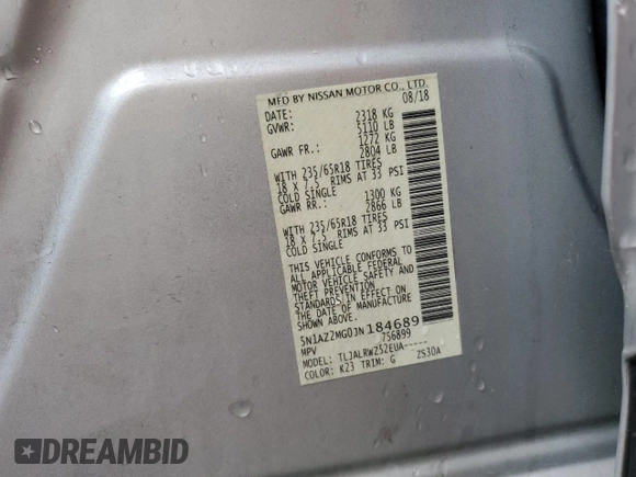 2018 Nissan Murano Platinum with VIN 5N1AZ2MG0JN184689, listed as a Copart auction lot 51945045 with 73,223 mi miles and Salvage Title. Bid and sale history available at carsss.com. Image 13.