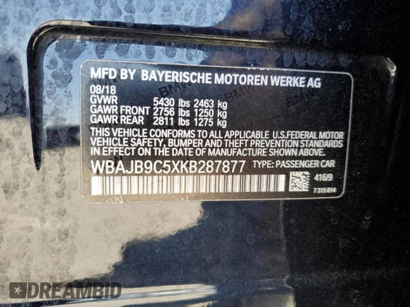 2019 BMW 5 Series M550i xDrive with VIN WBAJB9C5XKB287877, listed as a Copart auction lot 52994065 with 52,460 mi miles and Salvage title. Bid and sale history available at DreamBid. Image 13.