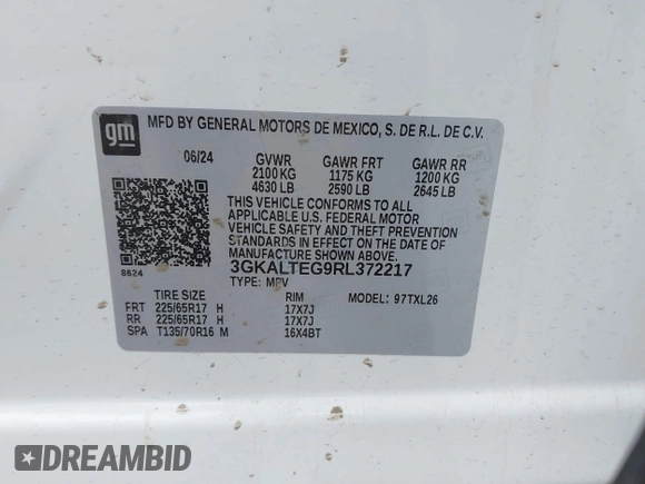 2024 GMC Terrain SLE with VIN 3GKALTEG9RL372217, listed as a IAAI auction lot 42140004 with 18,262 mi miles and . Bid and sale history available at carsss.com. Image 9.