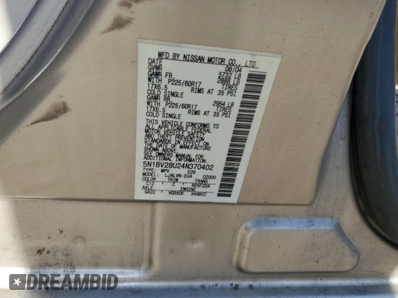 2004 Nissan Quest SE with VIN 5N1BV28U24N370402, listed as a Copart auction lot 74610584 with 0 mi miles and Salvage Title. Bid and sale history available at carsss.com. Image 16.