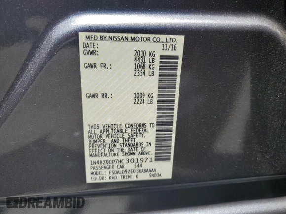 2017 Nissan LEAF SL with VIN 1N4BZ0CP7HC301971, listed as a Copart auction lot 57188623 with 35,614 mi miles. Bid and sale history available at carsss.com. Image 12.