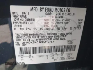 2012 Ford Edge Limited with VIN 2FMDK3KC9CBA19763, listed as a IAAI auction lot 41988030 with 141,658 mi miles. Bid and sale history available at carsss.com. Image 9.