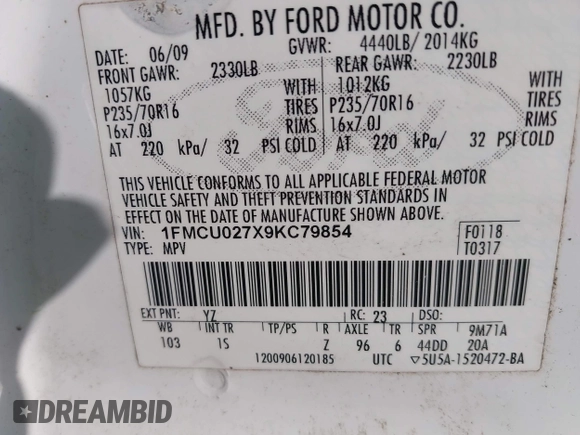 2009 Ford Escape XLS with VIN 1FMCU027X9KC79854, listed as a IAAI auction lot 42131142 with Not provided miles and . Bid and sale history available at DreamBid. Image 9.