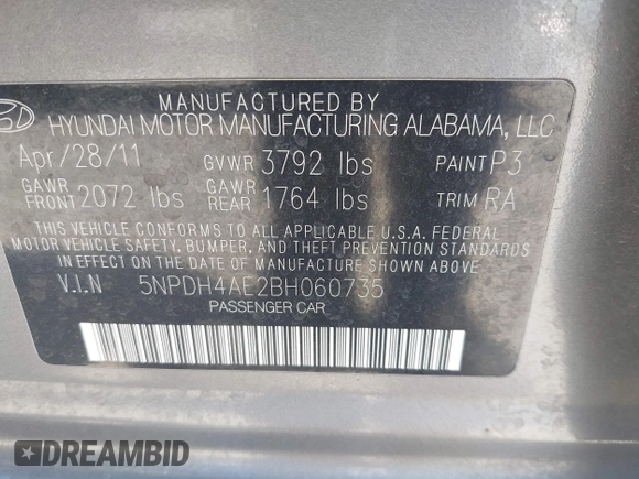 2011 Hyundai Elantra GLS with VIN 5NPDH4AE2BH060735, listed as a IAAI auction lot 42075170 with 109,423 mi miles. Bid and sale history available at carsss.com. Image 9.