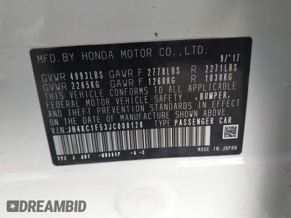 2018 Acura RLX Technology z VIN JH4KC1F53JC000128, wystawiony jako IAAI lot #41797646 z przebiegiem 17 487 mil mil oraz . Historia ofert i sprzedaży dostępna na DreamBid. Obrazek 9.