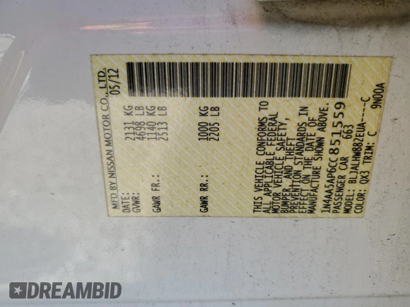 2012 Nissan Maxima SV с VIN 1N4AA5AP6CC851559, выставлен на аукционе Copart как лот 53144685 с пробегом 175 954 миль миль и Списание • Salvage title. История ставок и продаж доступна на DreamBid. Изображение 14.