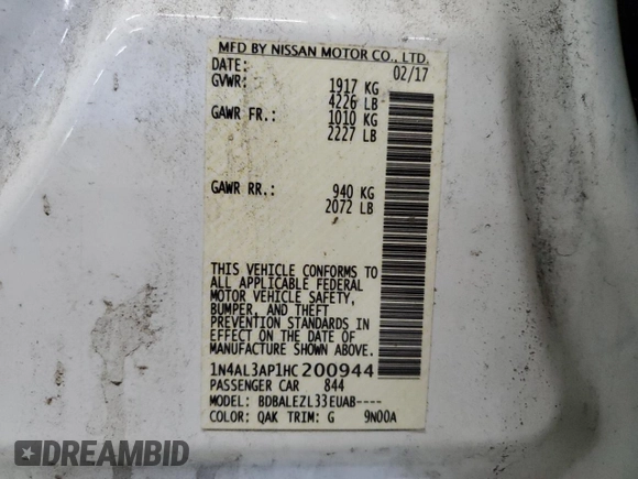 2017 Nissan Altima SV with VIN 1N4AL3AP1HC200944, listed as a Copart auction lot 62348245 with 138,883 mi miles and Clean title. Bid and sale history available at DreamBid. Image 12.