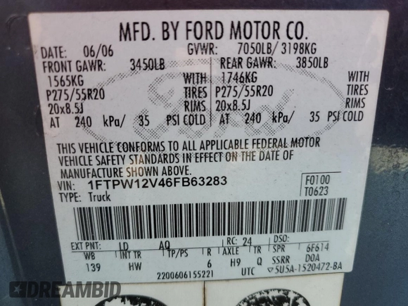 2006 Ford F-150 XLT with VIN 1FTPW12V46FB63283, listed as a Copart auction lot 65877505 with 241,448 mi miles and Salvage title. Bid and sale history available at DreamBid. Image 12.