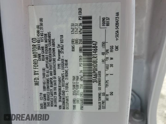 2020 Ford Fusion SE with VIN 3FA6P0HD8LR146847, listed as a Copart auction lot 56964405 with 63,657 mi miles and Non repairable. Bid and sale history available at DreamBid. Image 12.