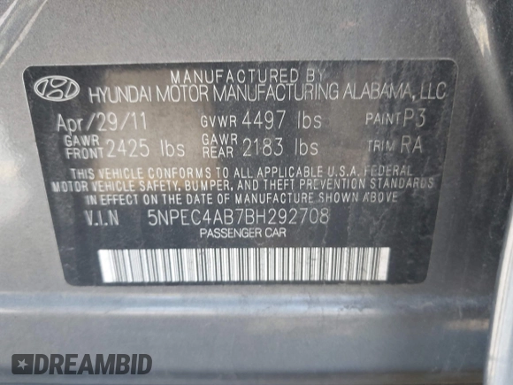 2011 Hyundai Sonata Limited with VIN 5NPEC4AB7BH292708, listed as a IAAI auction lot 41717277 with 191,137 mi miles and . Bid and sale history available at carsss.com. Image 9.