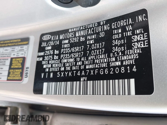 2015 Kia Sorento LX with VIN 5XYKT4A7XFG620814, listed as a IAAI auction lot 41454361 with 155,422 mi miles. Bid and sale history available at carsss.com. Image 9.