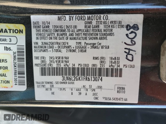 2015 Lincoln MKZ z VIN 3LN6L2GK1FR613074, wystawiony jako Copart lot #52157775 z przebiegiem 118 144 mil mil oraz Szkoda całkowita • Salvage title. Historia ofert i sprzedaży dostępna na DreamBid. Obrazek 14.