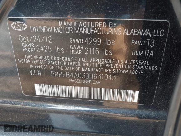 2013 Hyundai Sonata GLS with VIN 5NPEB4AC3DH631043, listed as a IAAI auction lot 42410119 with 84,578 mi miles and . Bid and sale history available at DreamBid. Image 9.
