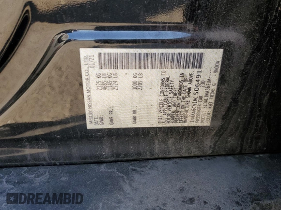 2021 Nissan Maxima SV with VIN 1N4AA6CV1MC506491, listed as a Copart auction lot 53665475 with 108,577 mi miles and Salvage Title. Bid and sale history available at DreamBid. Image 13.