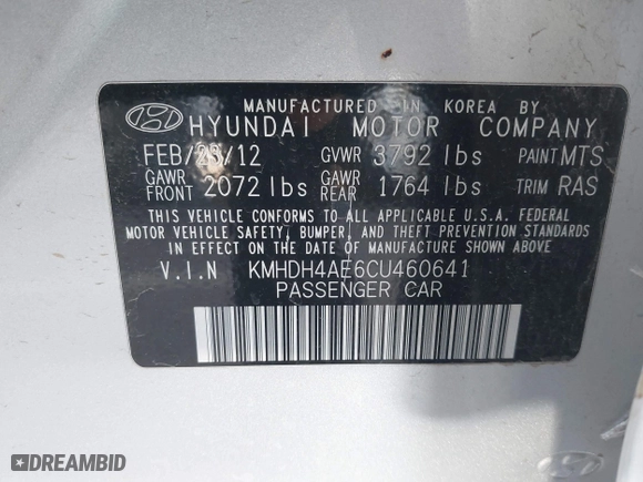 2012 Hyundai Elantra GLS with VIN KMHDH4AE6CU460641, listed as a IAAI auction lot 41926289 with 1 mi miles. Bid and sale history available at carsss.com. Image 9.