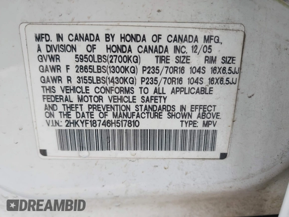 2006 Honda Pilot EX-L with VIN 2HKYF18746H517810, listed as a IAAI auction lot 41990178 with 184,679 mi miles and . Bid and sale history available at DreamBid. Image 9.
