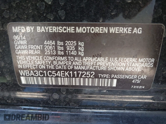 2014 BMW 3 Series 328i with VIN WBA3C1C54EK117252, listed as a IAAI auction lot 42338440 with 126,877 mi miles and . Bid and sale history available at DreamBid. Image 9.
