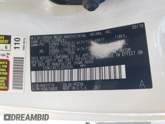 2020 Toyota Sienna LE Auto Access Seat with VIN 5TDKZ3DC7LS050500, listed as a IAAI auction lot 42606758 with 74,099 mi miles and . Bid and sale history available at DreamBid. Image 9.
