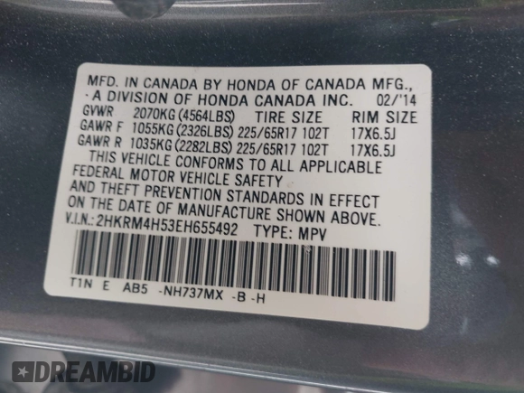 2014 Honda CR-V EX with VIN 2HKRM4H53EH655492, listed as a IAAI auction lot 41940627 with 108,858 mi miles. Bid and sale history available at carsss.com. Image 9.