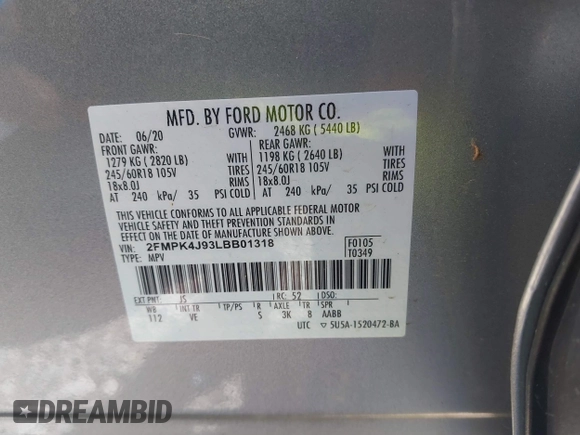 2020 Ford Edge SEL z VIN 2FMPK4J93LBB01318, wystawiony jako IAAI lot #42038334 z przebiegiem 73 435 mil mil oraz . Historia ofert i sprzedaży dostępna na DreamBid. Obrazek 9.