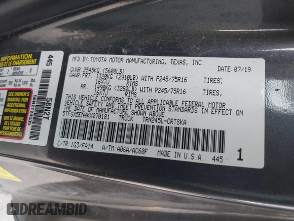 2019 Toyota Tacoma SR with VIN 5TFSX5EN4KX070181, listed as a IAAI auction lot 42318751 with 68,334 mi miles and . Bid and sale history available at DreamBid. Image 9.
