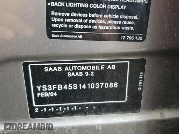 2004 Saab 9-3 Linear z VIN YS3FB45S141037086, wystawiony jako Copart lot #84705264 z przebiegiem 127 118 mil mil oraz Tytuł czysty. Historia ofert i sprzedaży dostępna na DreamBid. Obrazek 12.