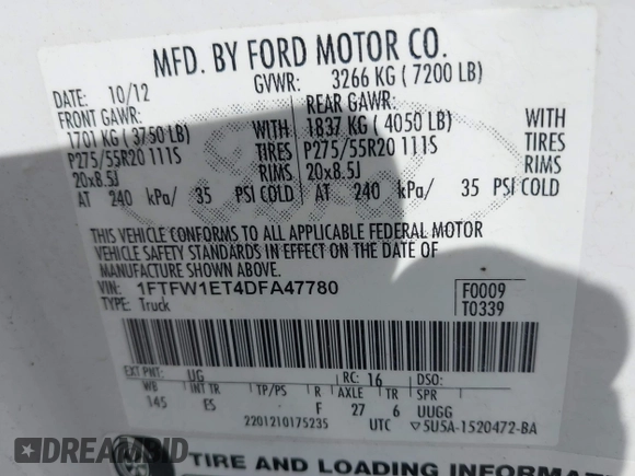 2013 Ford F-150 XL with VIN 1FTFW1ET4DFA47780, listed as a IAAI auction lot 42208745 with 252,283 mi miles and . Bid and sale history available at carsss.com. Image 9.