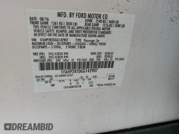 2016 Ford Taurus SHO with VIN 1FAHP2KT0GG142907, listed as a Copart auction lot 53118925 with 46,751 mi miles and Salvage title. Bid and sale history available at DreamBid. Image 12.
