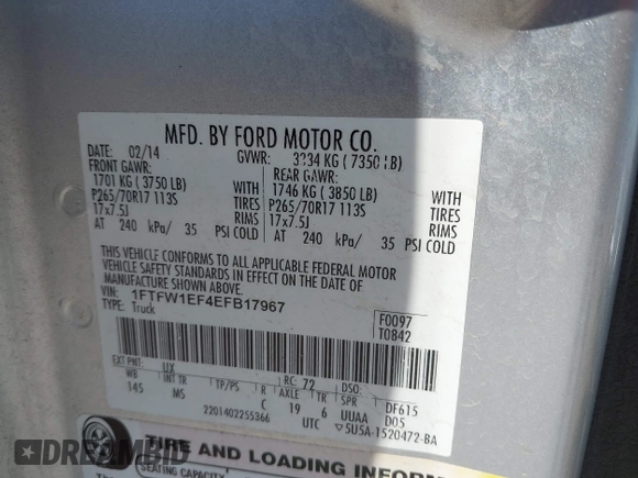 2014 Ford F-150 XL with VIN 1FTFW1EF4EFB17967, listed as a IAAI auction lot 41965216 with 165,617 mi miles and . Bid and sale history available at carsss.com. Image 9.