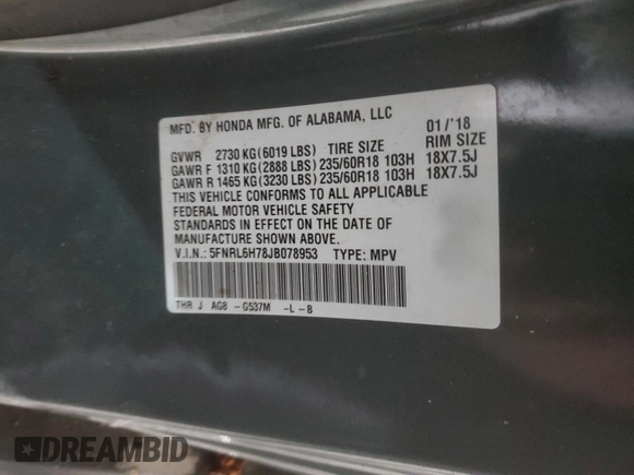 2018 Honda Odyssey EX-L with VIN 5FNRL6H78JB078953, listed as a Copart auction lot 83661974 with Not Provided miles and Non Repairable. Bid and sale history available at carsss.com. Image 16.