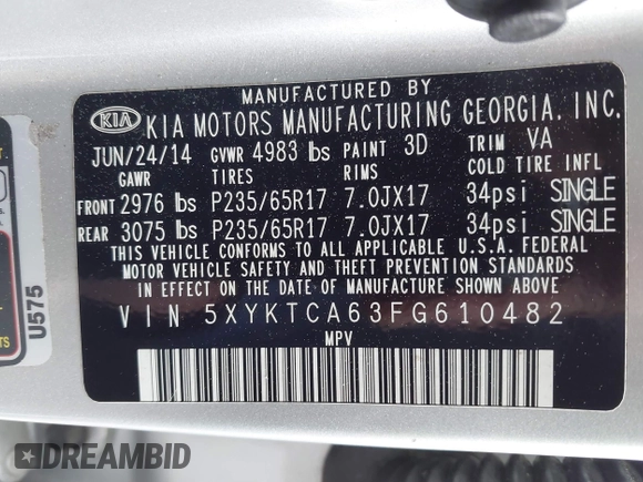 2015 Kia Sorento LX with VIN 5XYKTCA63FG610482, listed as a IAAI auction lot 41846658 with 120,529 mi miles. Bid and sale history available at carsss.com. Image 9.