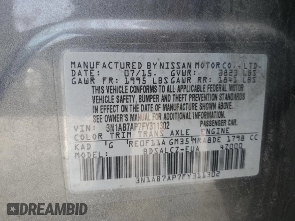 2015 Nissan Sentra SV with VIN 3N1AB7AP7FY311302, listed as a Copart auction lot 47561405 with 142,814 mi miles and Clean Title. Bid and sale history available at carsss.com. Image 12.