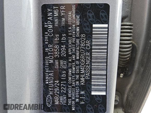 2024 Hyundai Elantra SEL with VIN KMHLM4DG6RU778028, listed as a Copart auction lot 59693495 with 33,282 mi miles and Non repairable. Bid and sale history available at DreamBid. Image 12.
