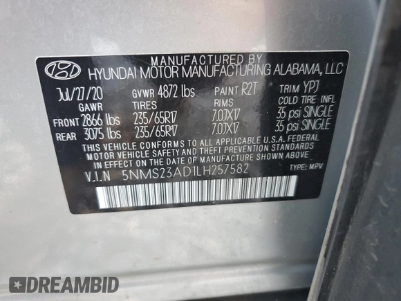 2020 Hyundai Santa Fe SE with VIN 5NMS23AD1LH257582, listed as a Copart auction lot 49551865 with 101,380 mi miles and Salvage Title. Bid and sale history available at carsss.com. Image 14.